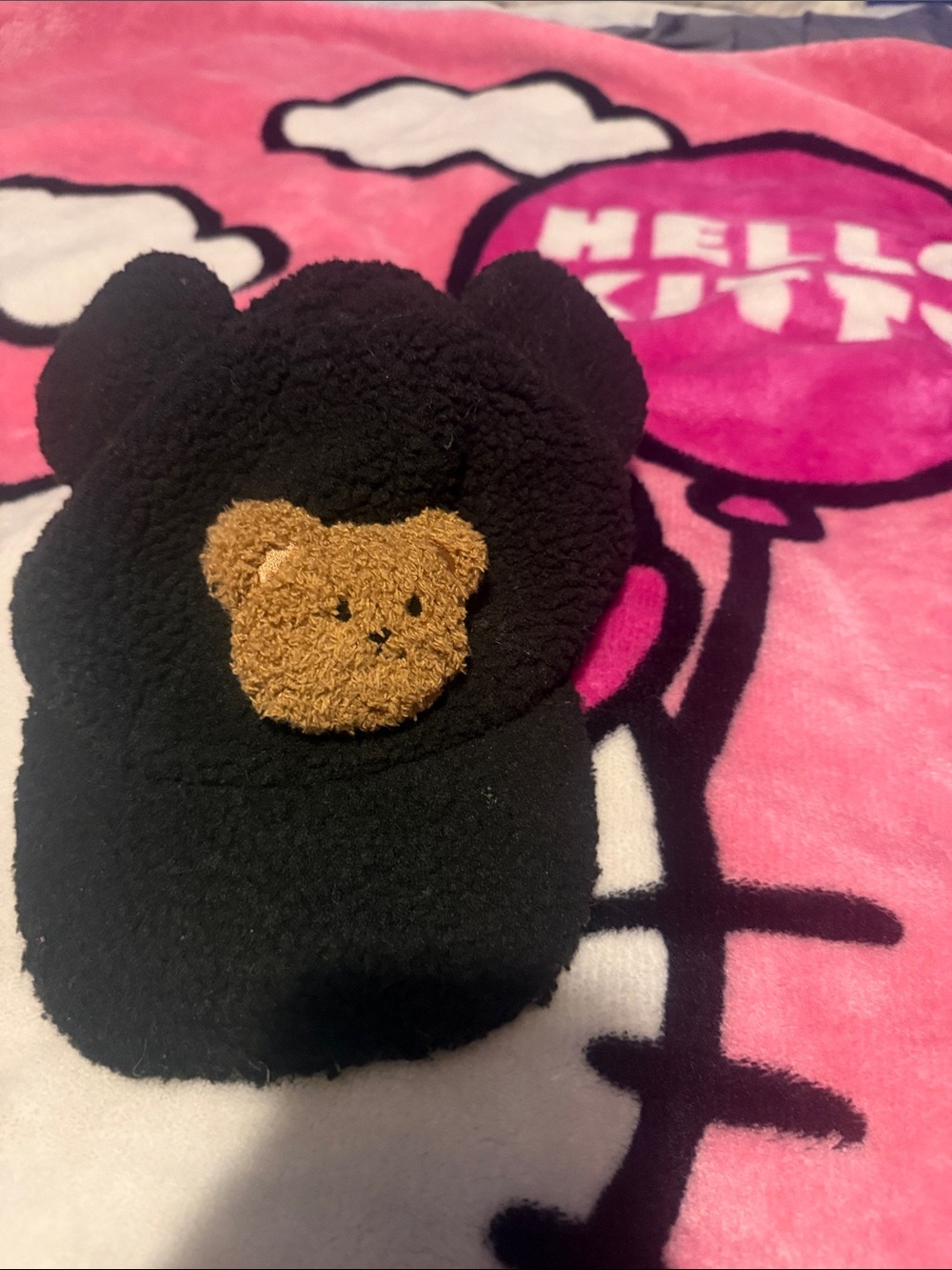 Kids Black Teddy Bear Plush Cap - Brown Bear Accent